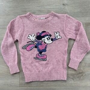 Vtg‎ Disney Sunday Comics Kids L 4T Pink Knit Sweater 3D Minnie Mouse Skating